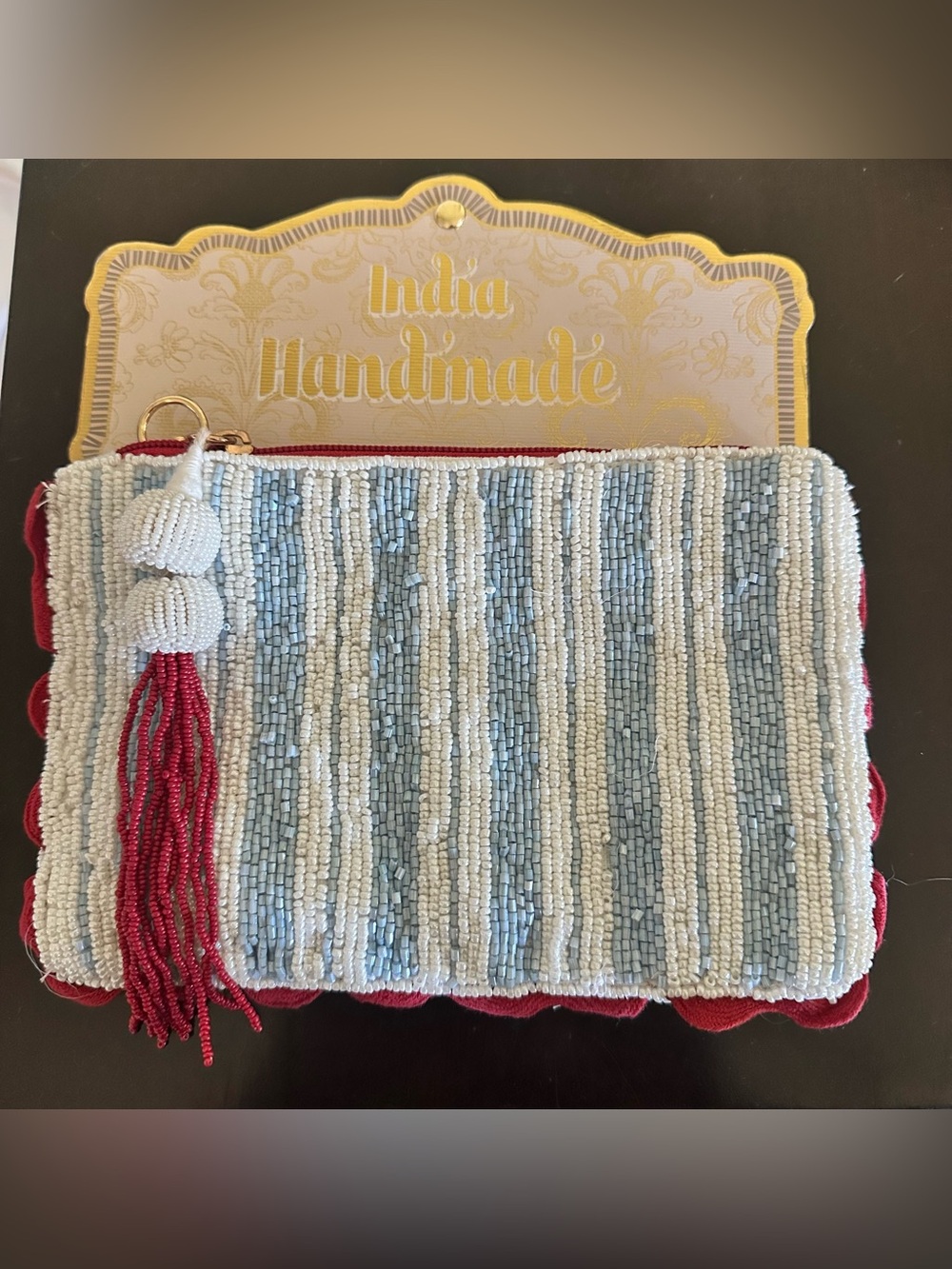 NWT India Handmade Beaded Clutch/Coin Bag in Light Blue/White/Red